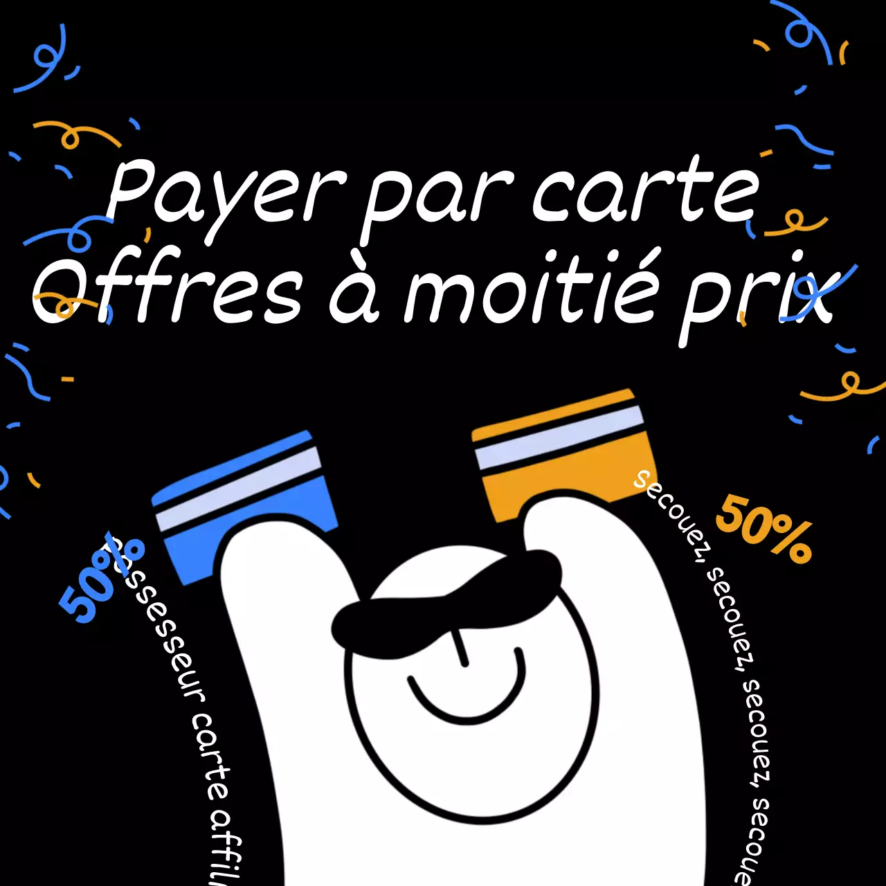Carte d'affiliation offre de réduction publicité événementielle avec gags jaunes et bleus