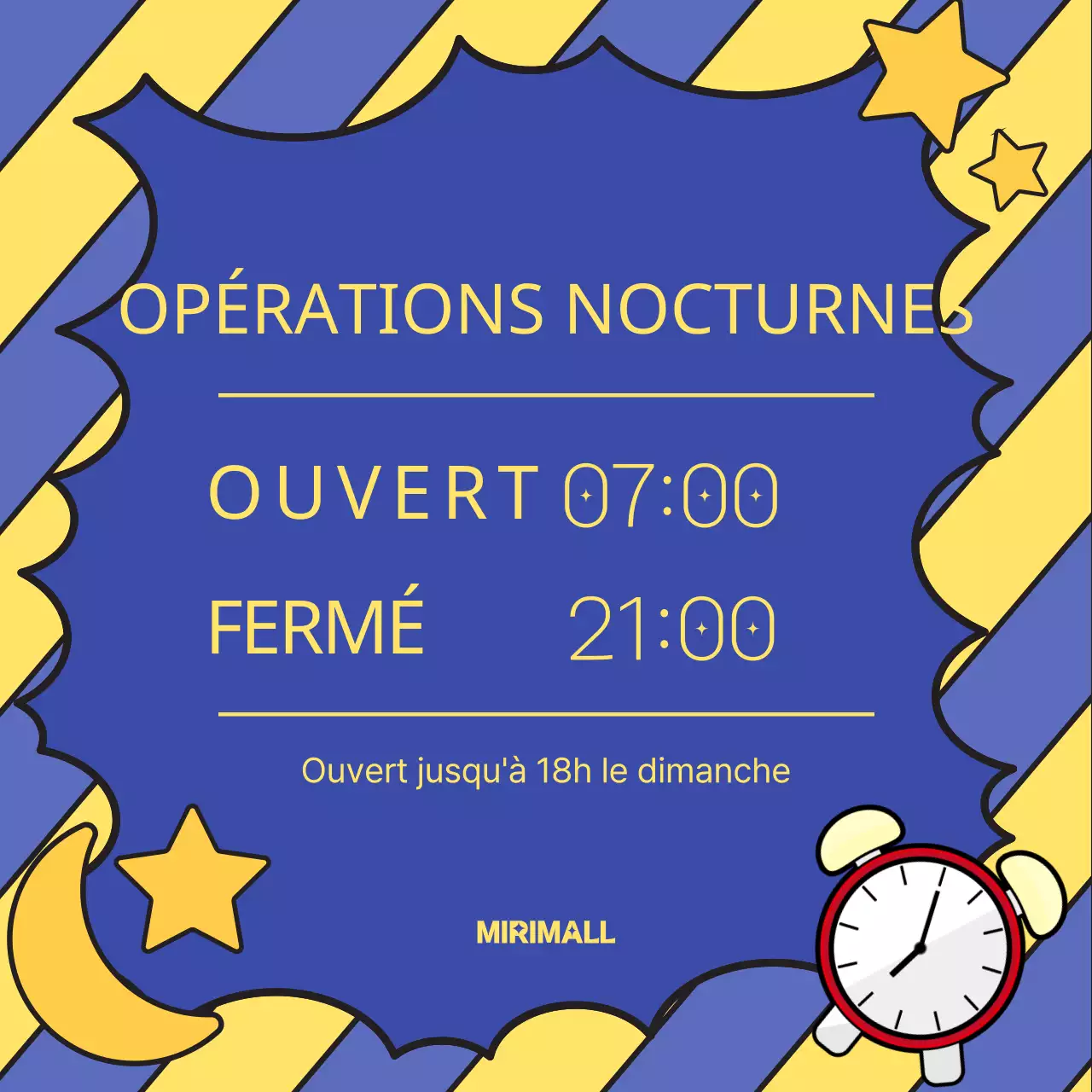 Annonce d'ouverture nocturne pop-art jaune et bleu