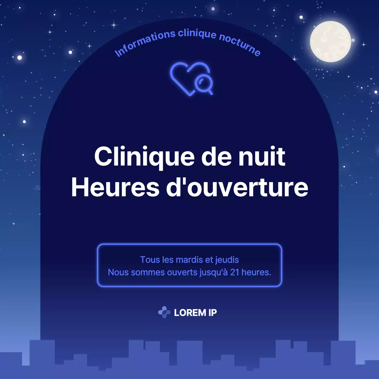 Publicité bleue simple pour les heures d'ouverture de la clinique de nuit