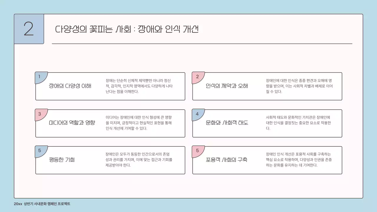 하늘색과 핑크의 아기자기한 기업용 장애인 인식 개선 프로젝트 기획서