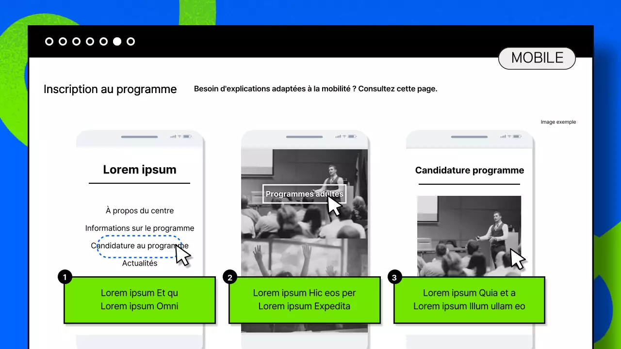 Une publication axée sur la photographie avec des touches de bleu et de chartreuse