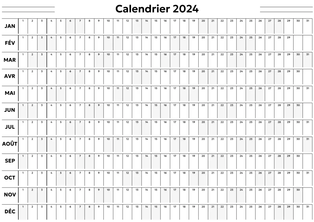 Un calendrier annuel simple et moderne en noir et blanc