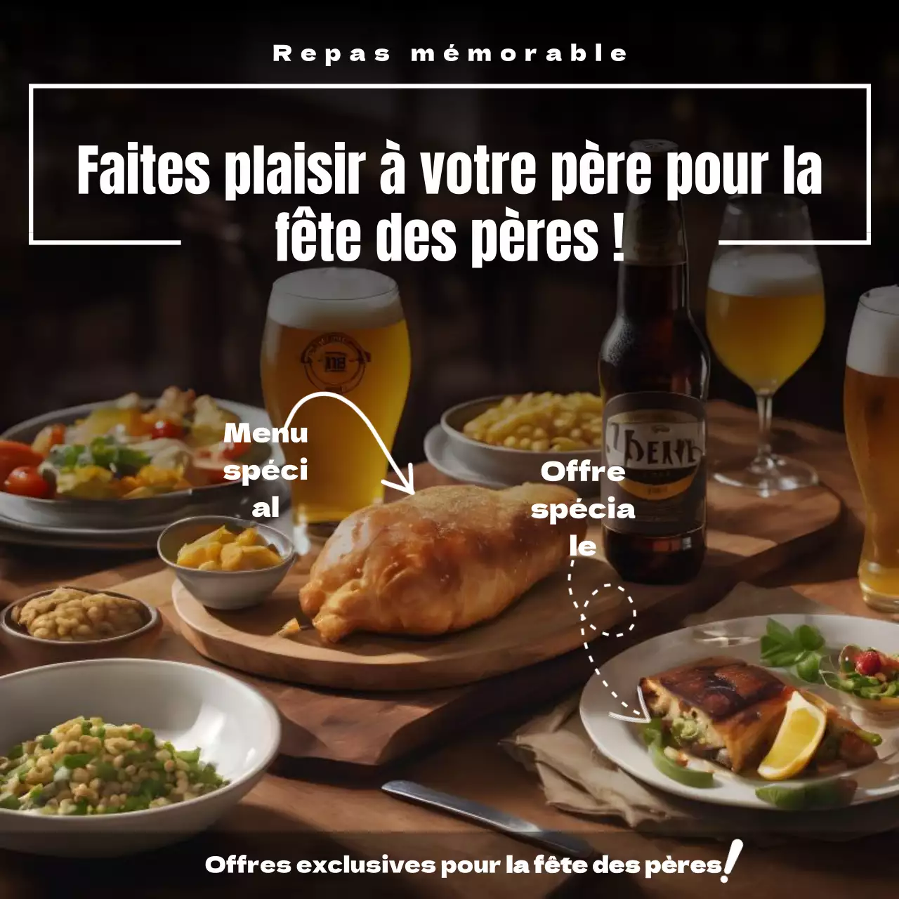 Noir et beige Annonce simple pour la fête des pères au restaurant