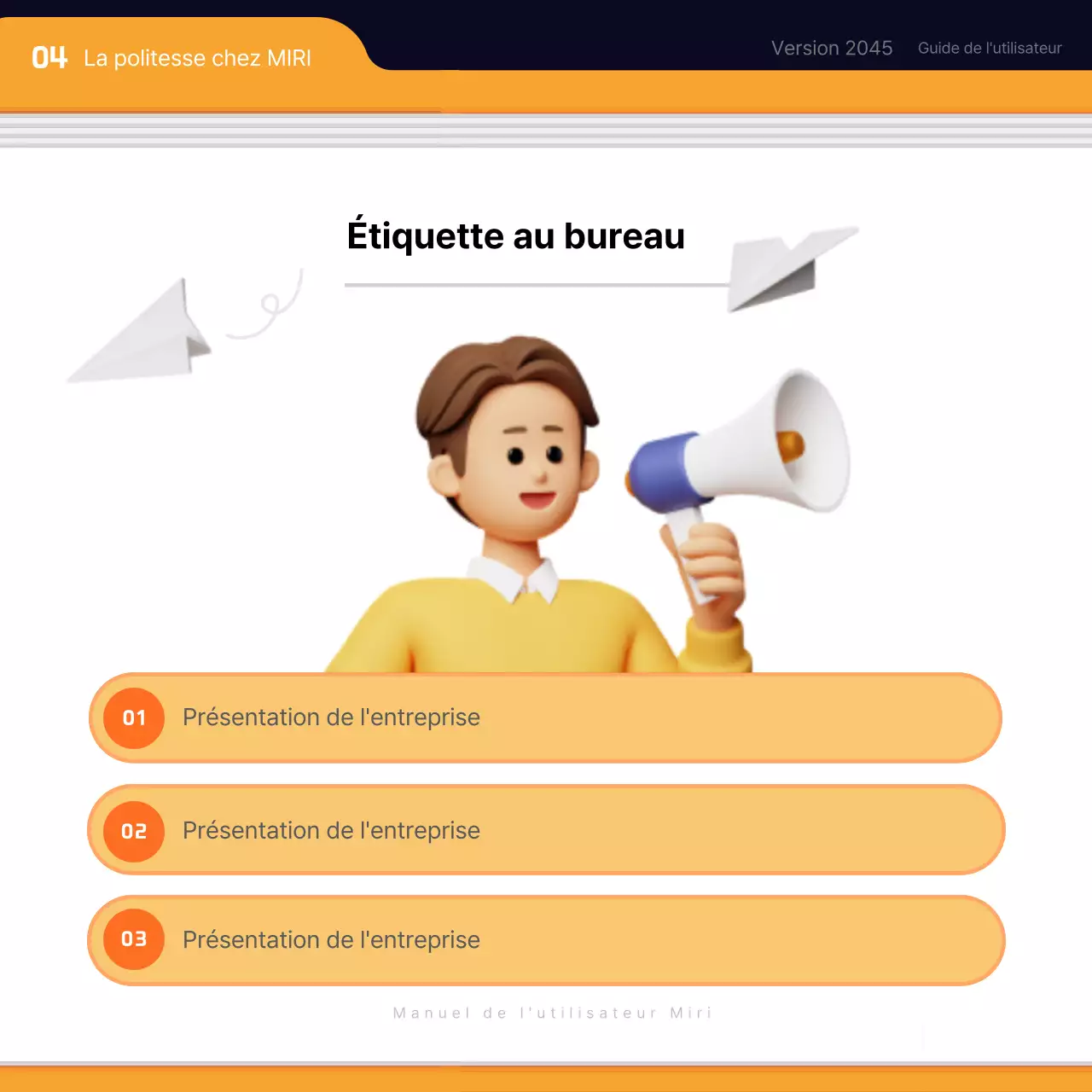 Matériel de formation simple, noir et orange, pour l'intégration des nouveaux employés