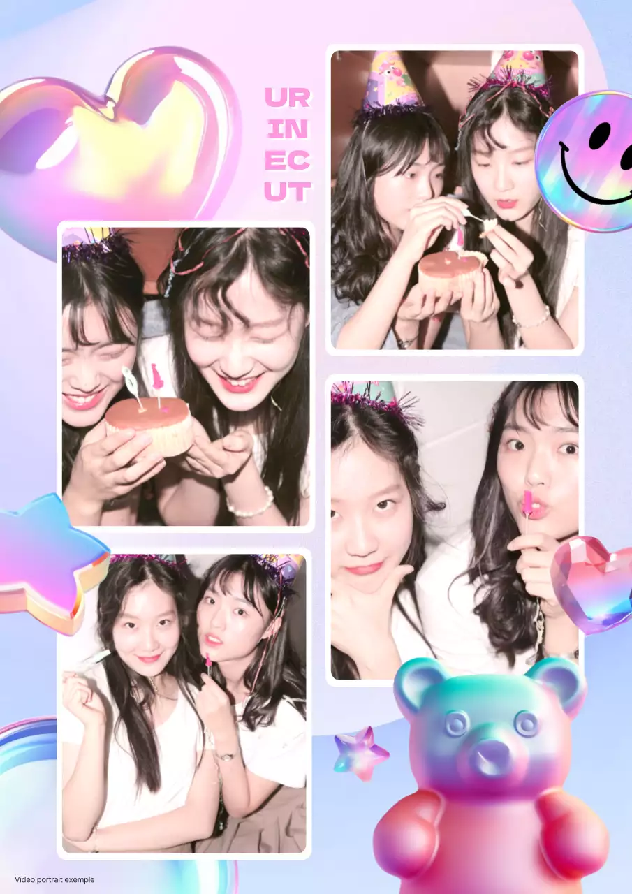 Cadre photo kitsch avec de jolis autocollants et des modèles 3D roses et violets