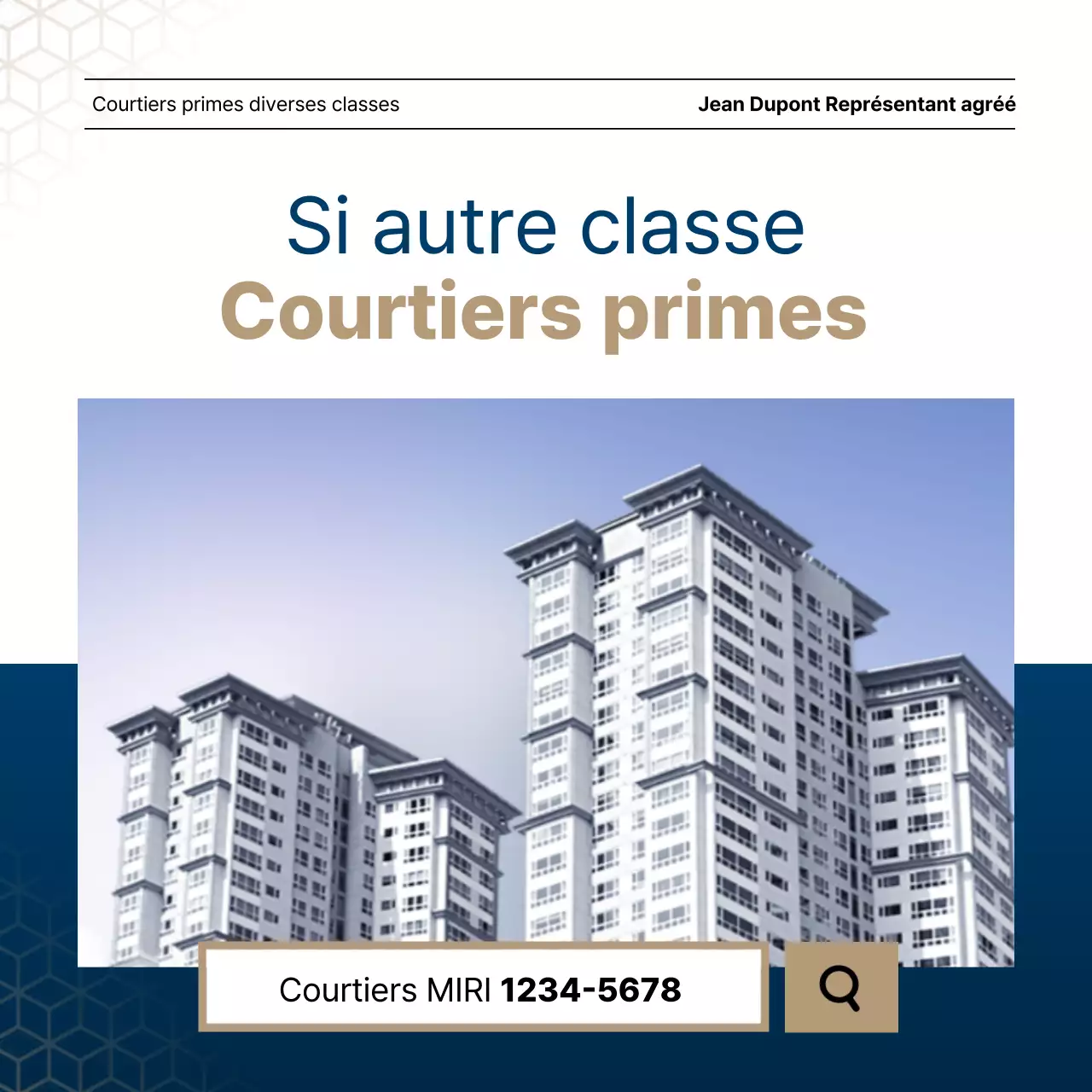 Liste luxueuse de biens immobiliers en bleu marine et or par un agent immobilier.