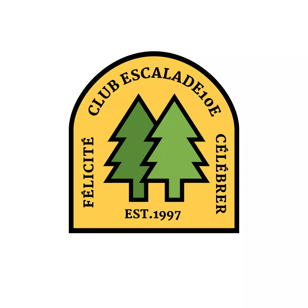 Un concept simple de club de camping avec une illustration d'arbre et un logo en forme d'arc.