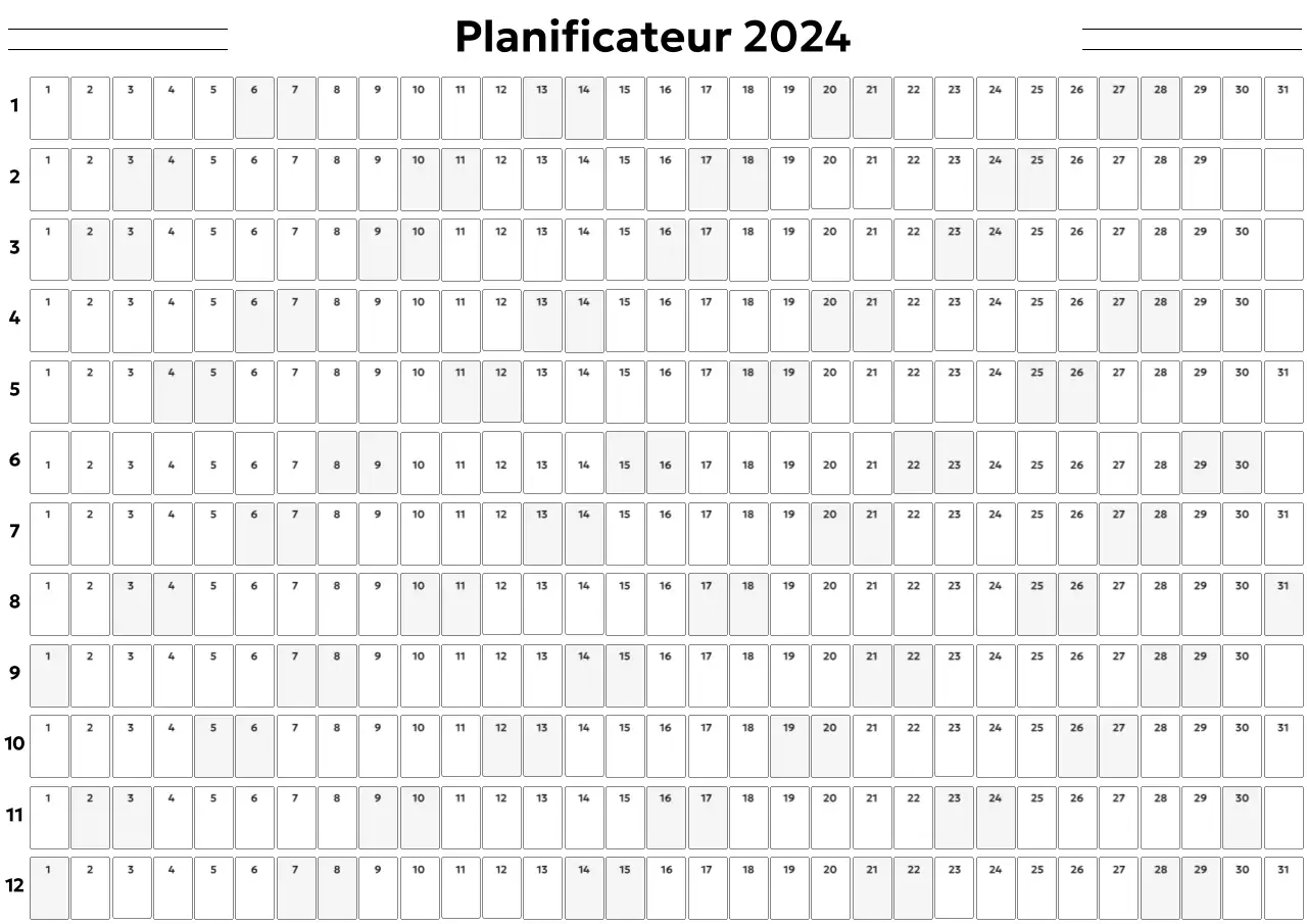 Un calendrier annuel simple dans une police gothique avec des carrés arrondis