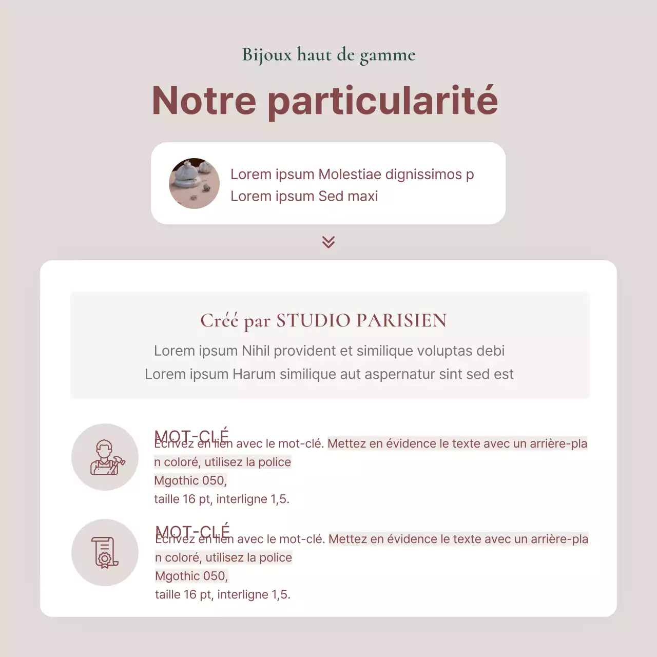 Une publicité vendant un lookbook d'accessoires de bijoux tendance en rose et marron.