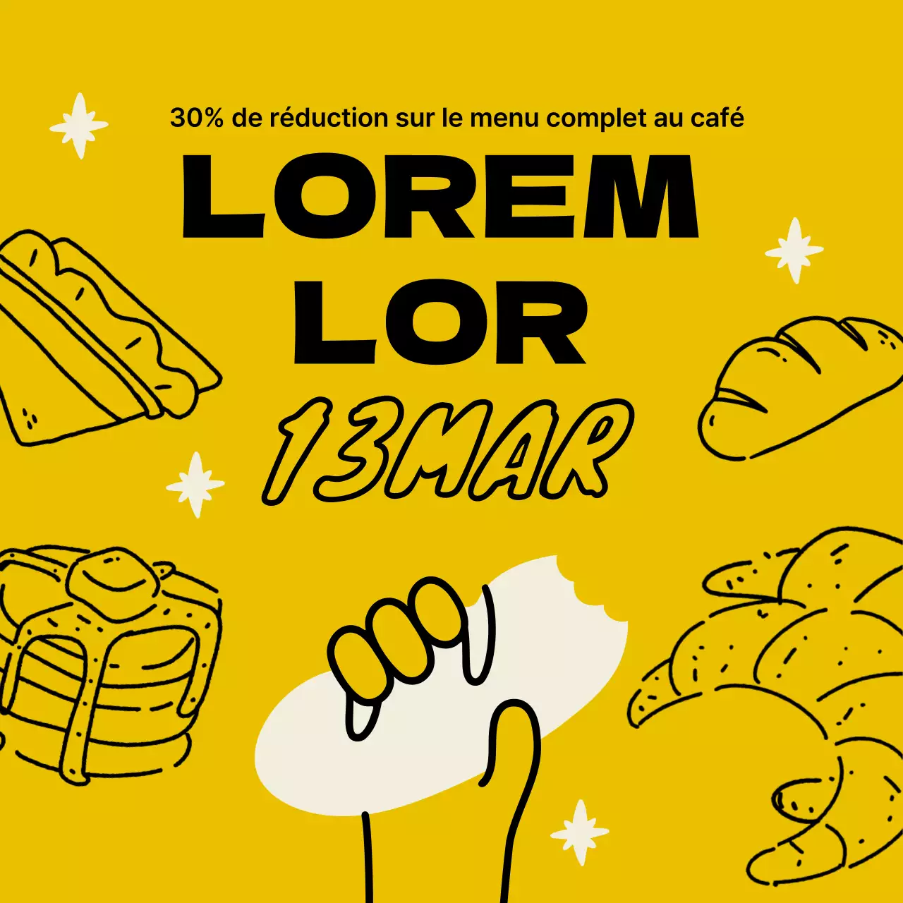 Menu simple de boulangerie-café en jaune et beige avec une annonce de réduction