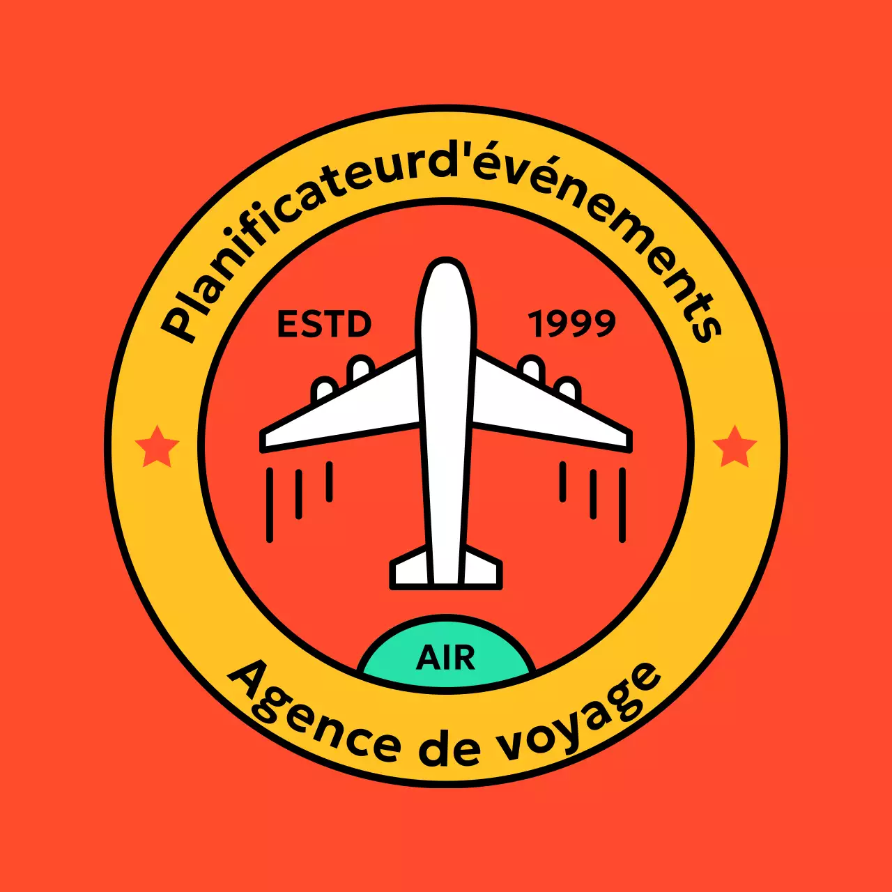 Logo de timbre à l'allure rétro avec un avion dessus