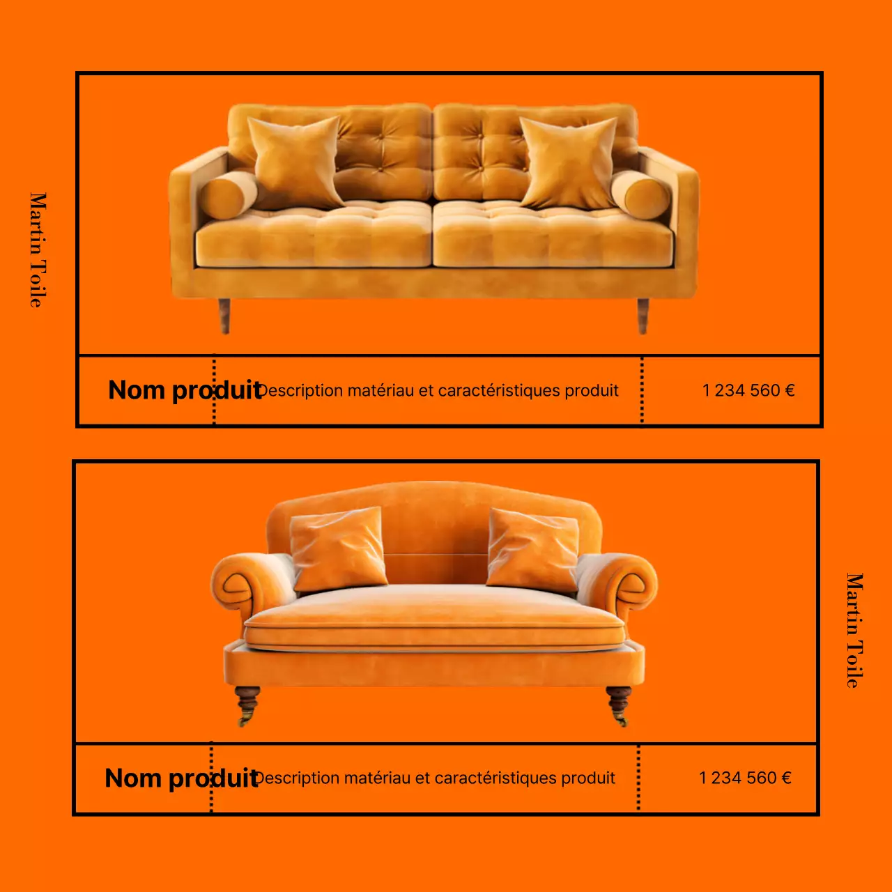 Publicité minimaliste pour un magasin de meubles en orange et noir