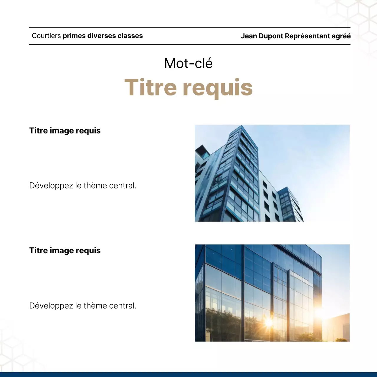 Liste luxueuse de biens immobiliers en bleu marine et or par un agent immobilier.