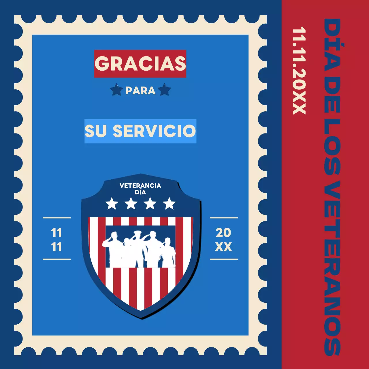 Anuncio vintage azul y rojo del Día de los Veteranos