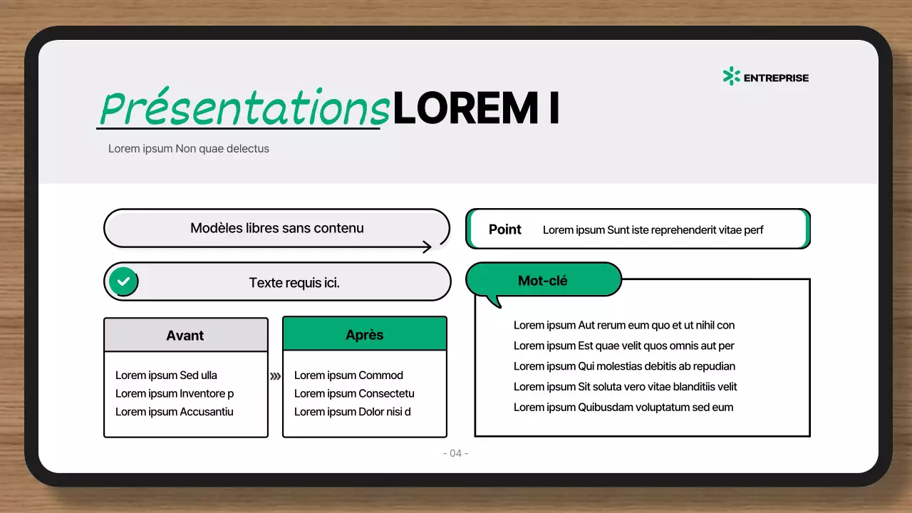 Présentation avec un simple fond vert et gris et des éléments uniquement