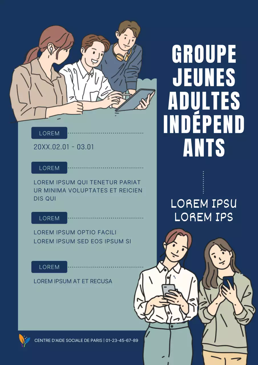 Annonce simple d'un groupe de jeunes indépendants de couleur menthe et bleu marine