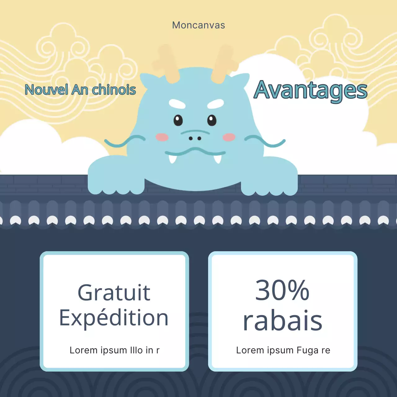 Une jolie annonce bleue et jaune pour les soldes du Nouvel An lunaire