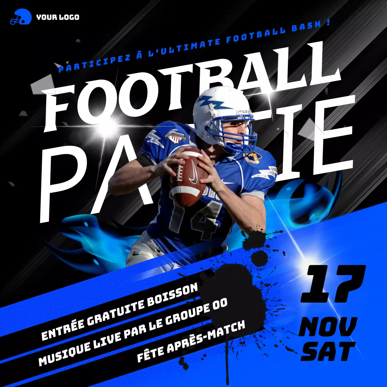 Publicité géométrique pour la fête du Super Bowl en bleu et noir