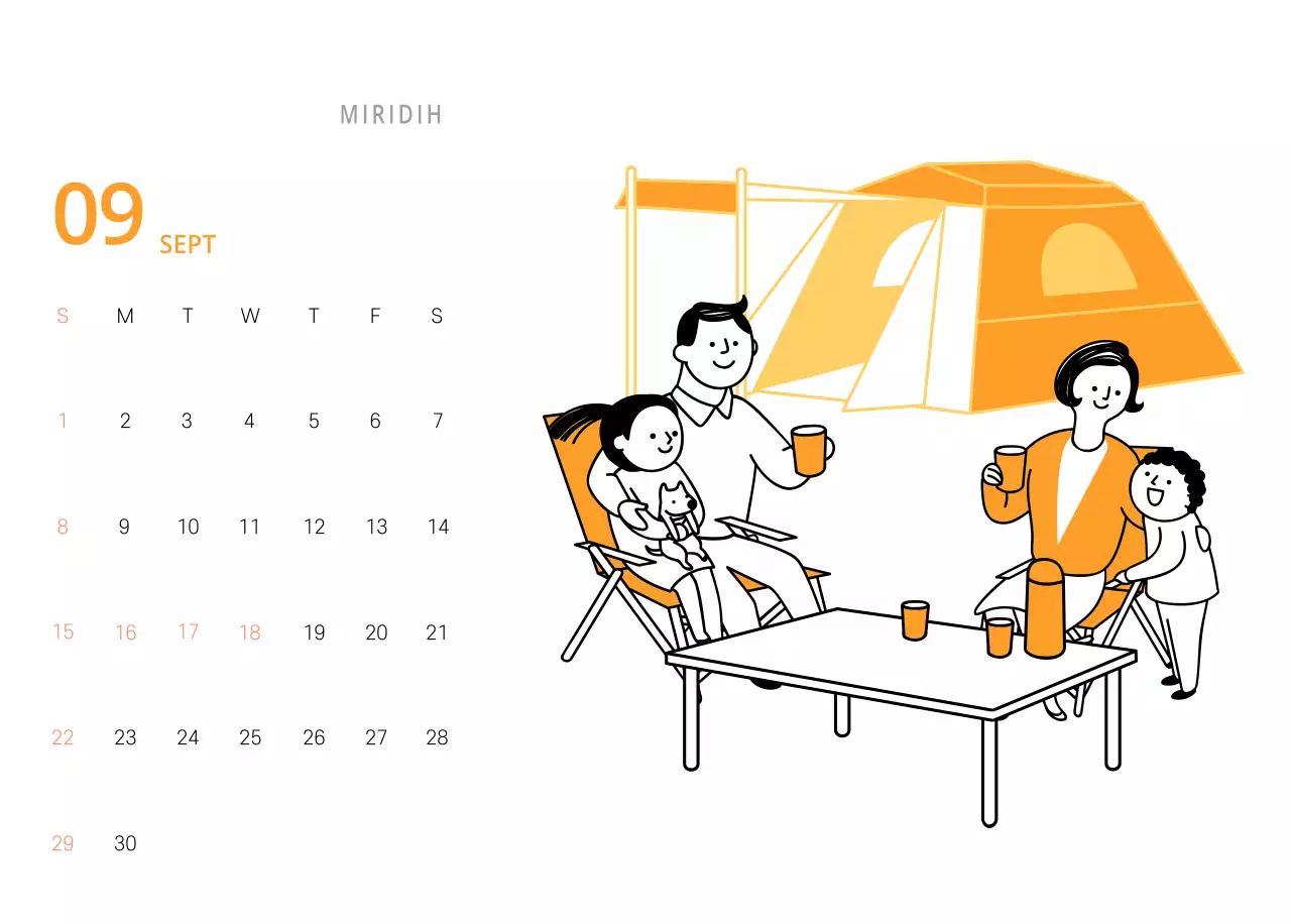 Calendrier de bureau illustré vert sur le thème de la famille