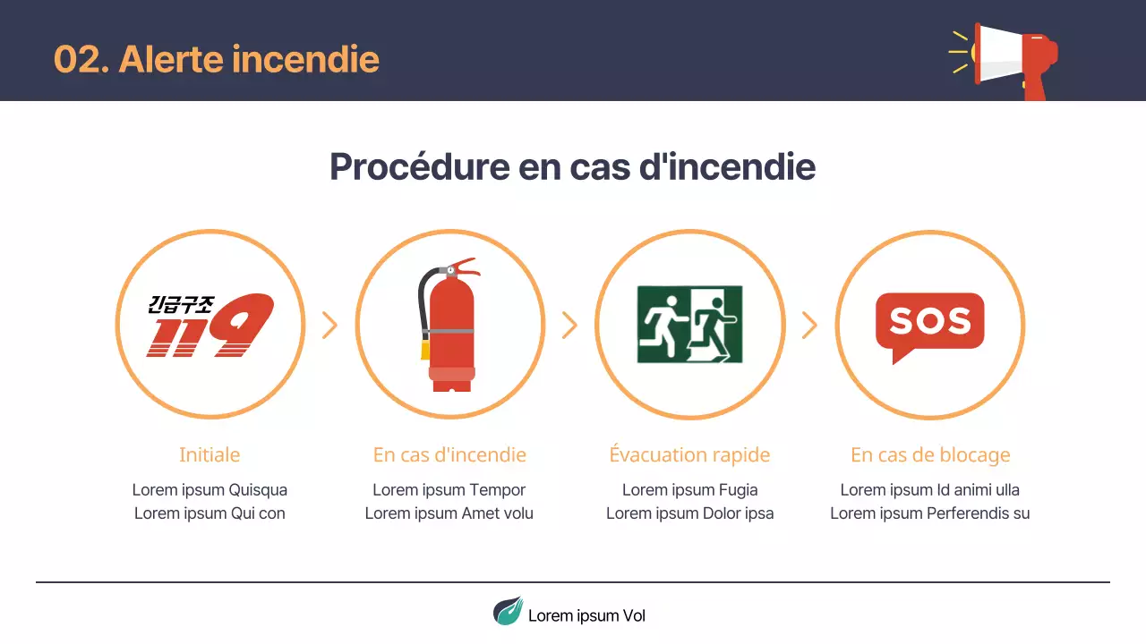Matériel de formation simple sur la sécurité incendie en bleu marine et orange