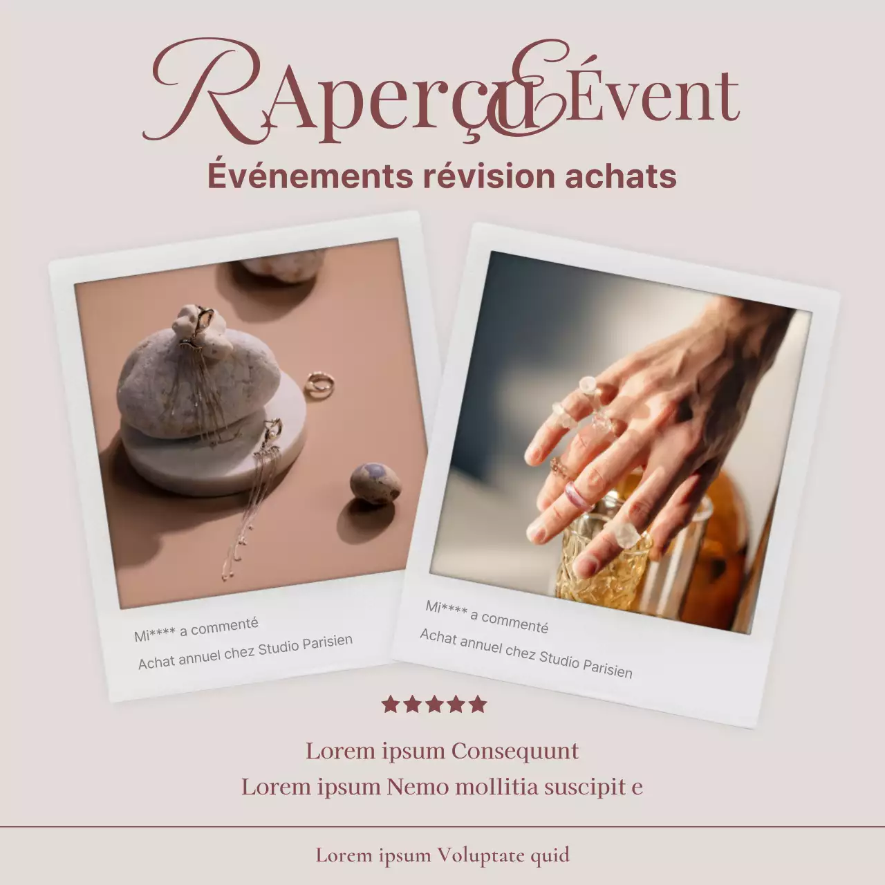 Une publicité vendant un lookbook d'accessoires de bijoux tendance en rose et marron.