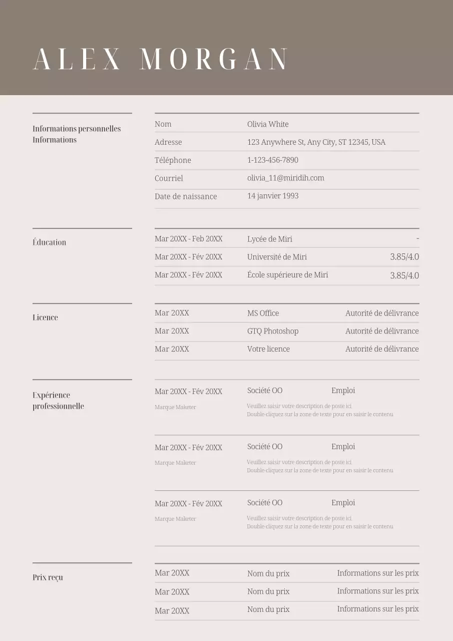 Informations simples sur le curriculum vitae en beige et rose