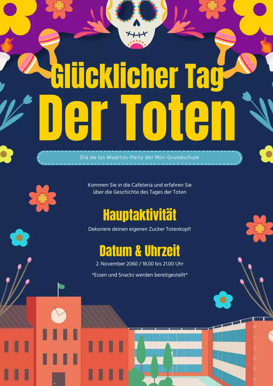 Marineblaue und lila Kitschwerbung zum Tag der Toten