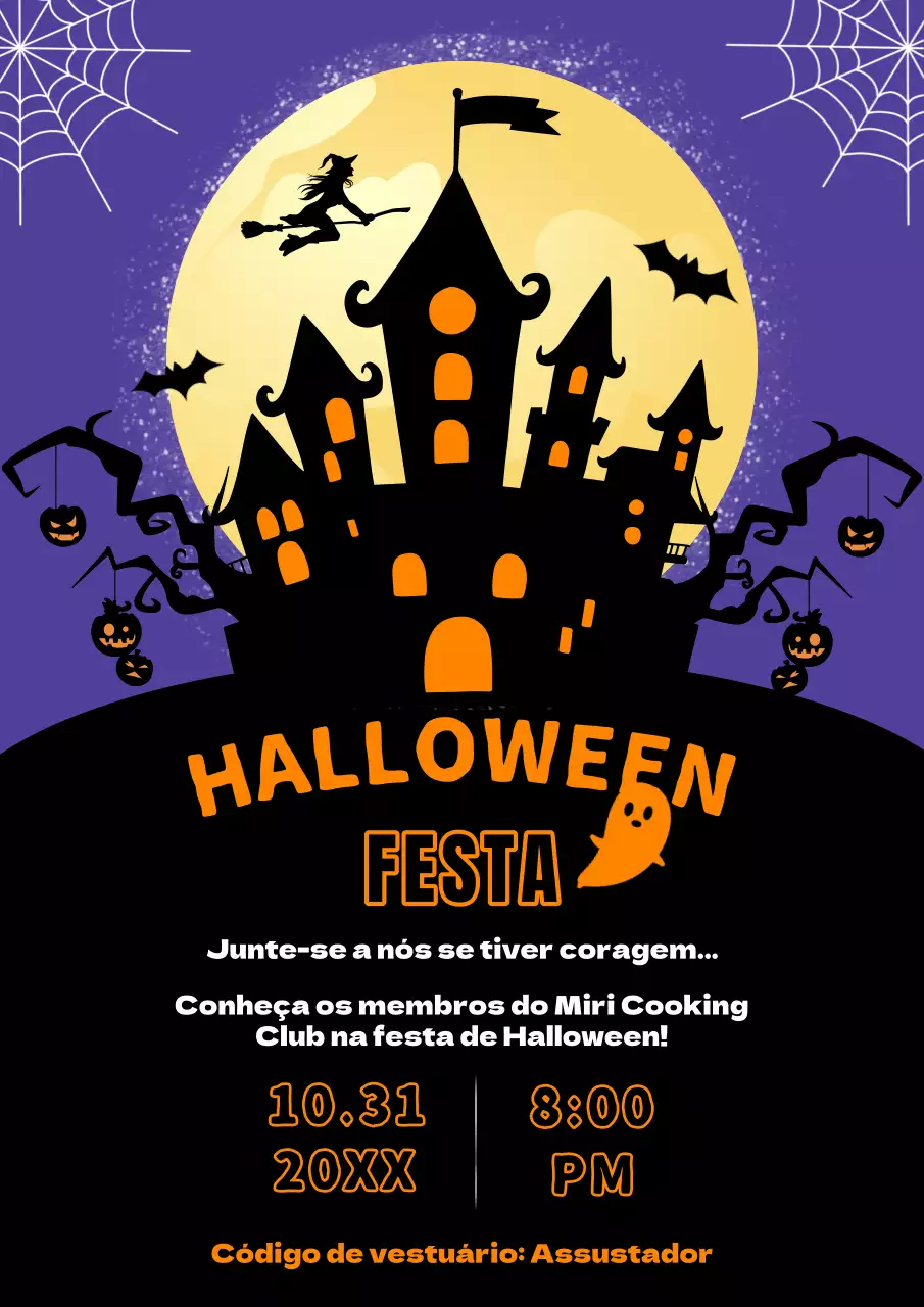 Convite de festa de Halloween de fantasia roxa e cor de laranja