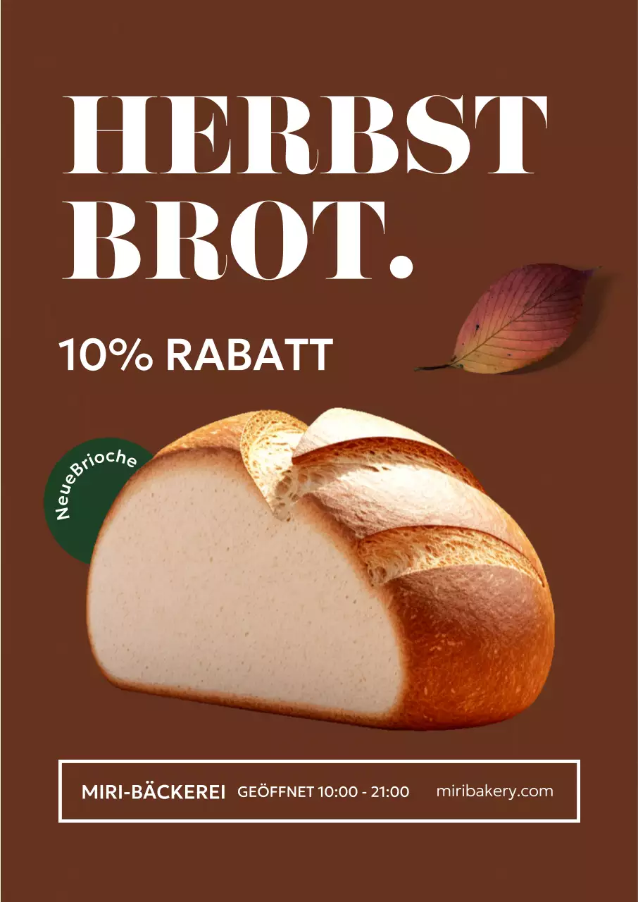 Werbung für ein herbstliches Bäckerei-Menü mit fotorealistischen Blättern auf braunem Hintergrund