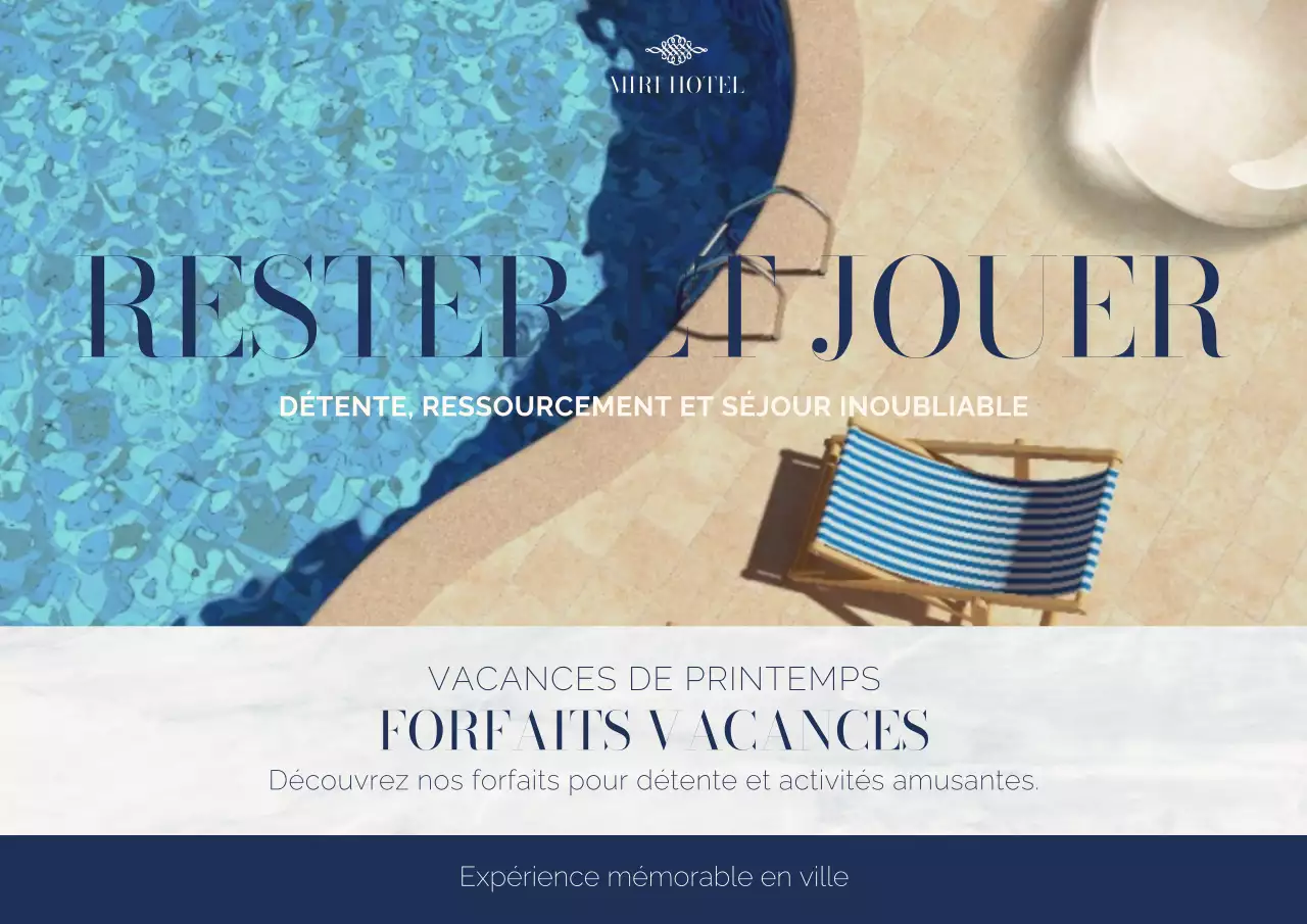 Annonce de forfaits de vacances élégants pour les vacances de printemps en bleu et blanc