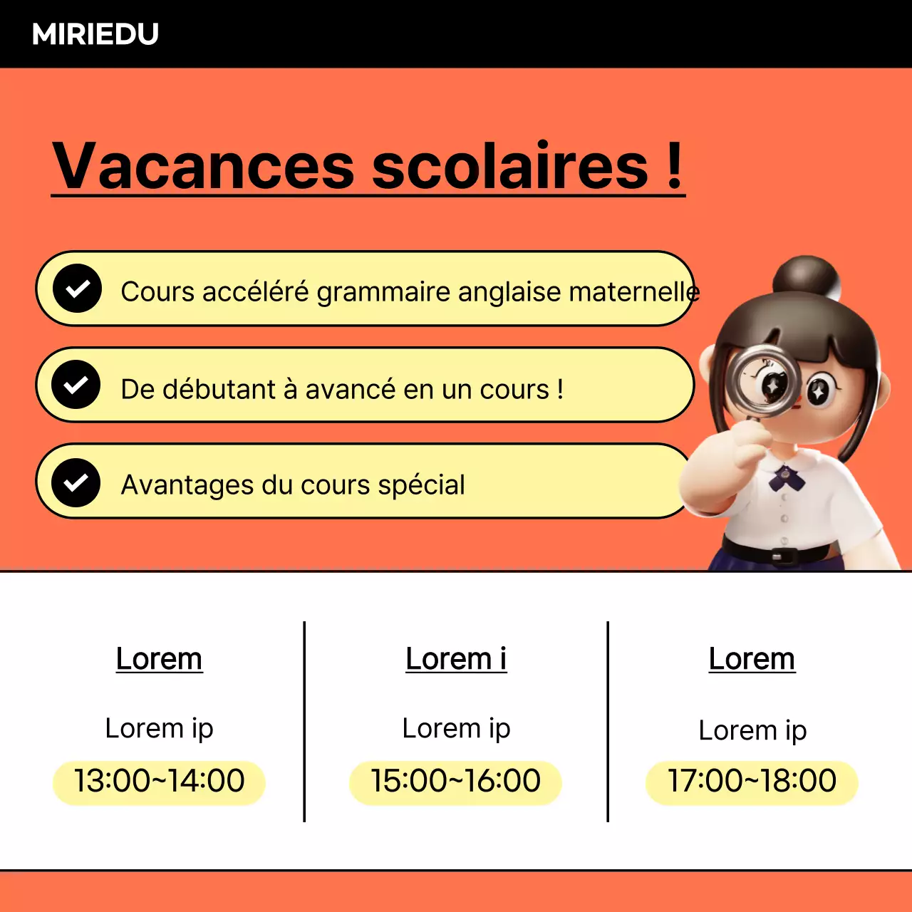 Promouvoir les offres spéciales pour les vacances scolaires en orange et noir.