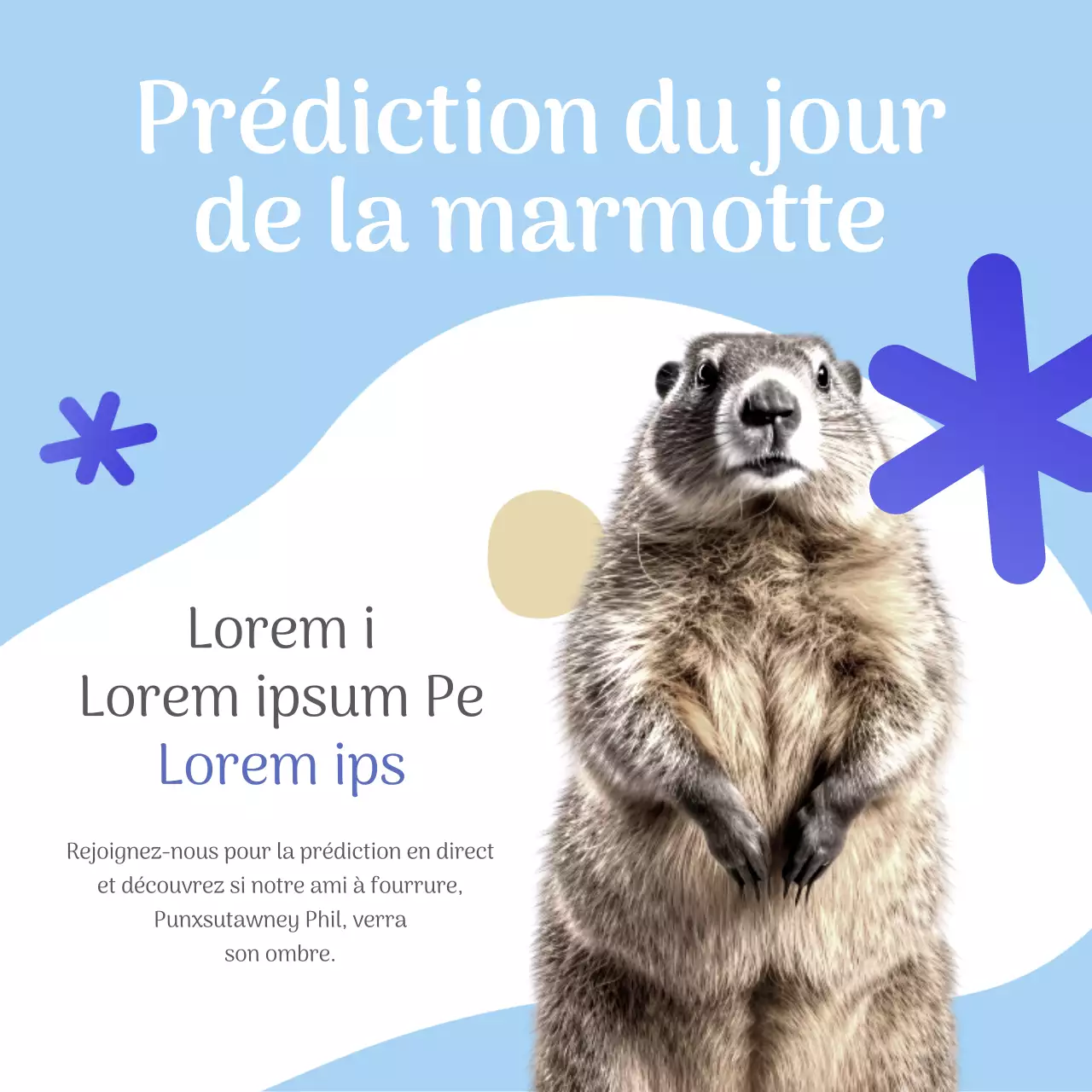 Publicité pour la prédiction du jour de la marmotte en bleu ciel et en blanc