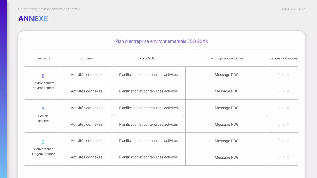 Un rapport de durabilité ESG moderne en violet et bleu clair