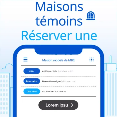 Promouvoir les rendez-vous pour visiter la maison modèle bleue et simple