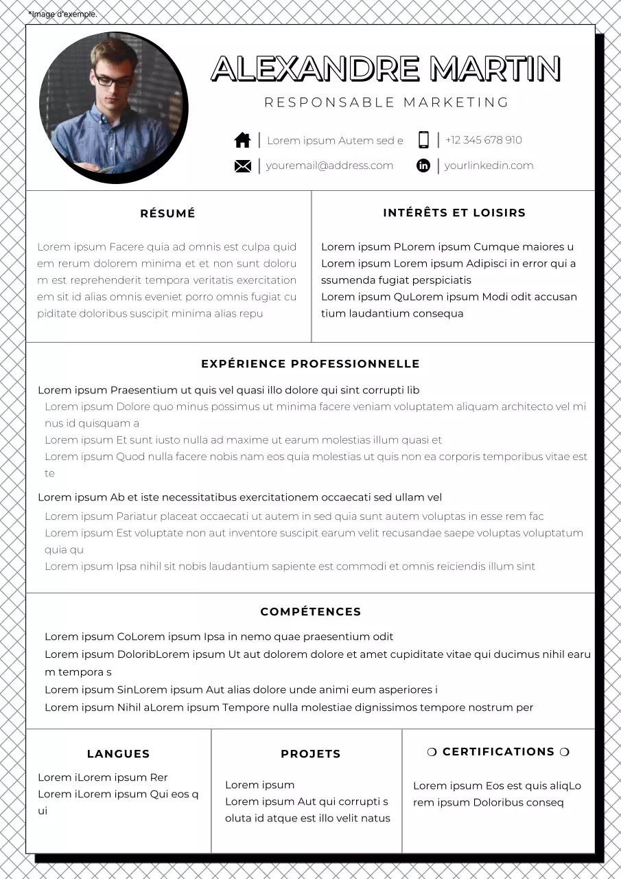 Curriculum vitae du directeur du marketing en noir et blanc