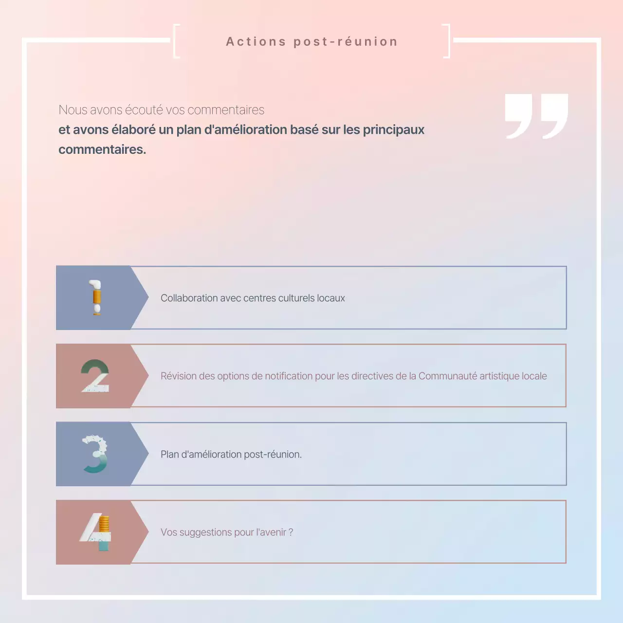 Un rapport simple sur les résultats de la réunion, en rose et bleu clair