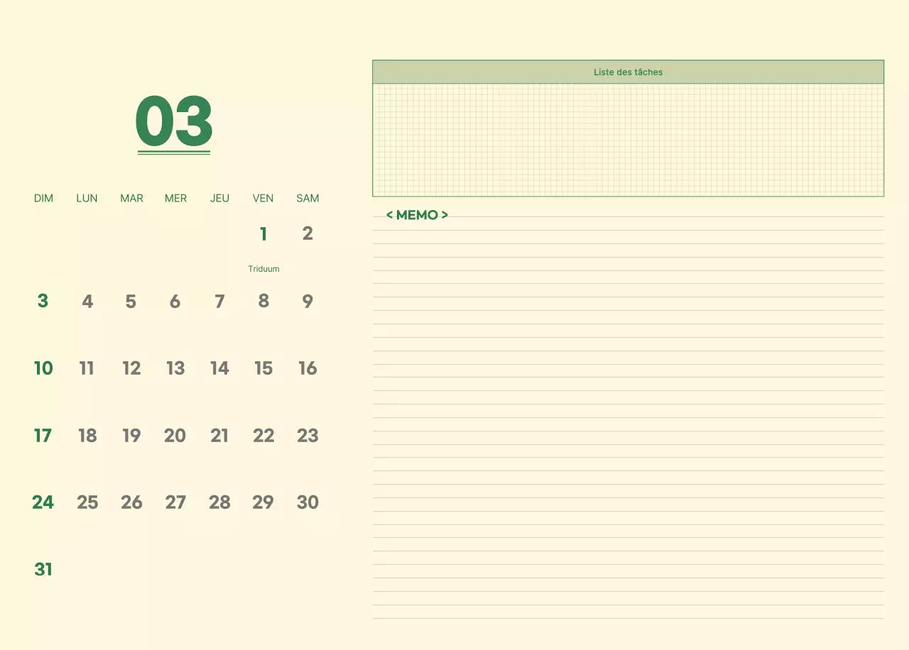 Calendrier mural SAT D-day notepad concept en vert et jaune clair