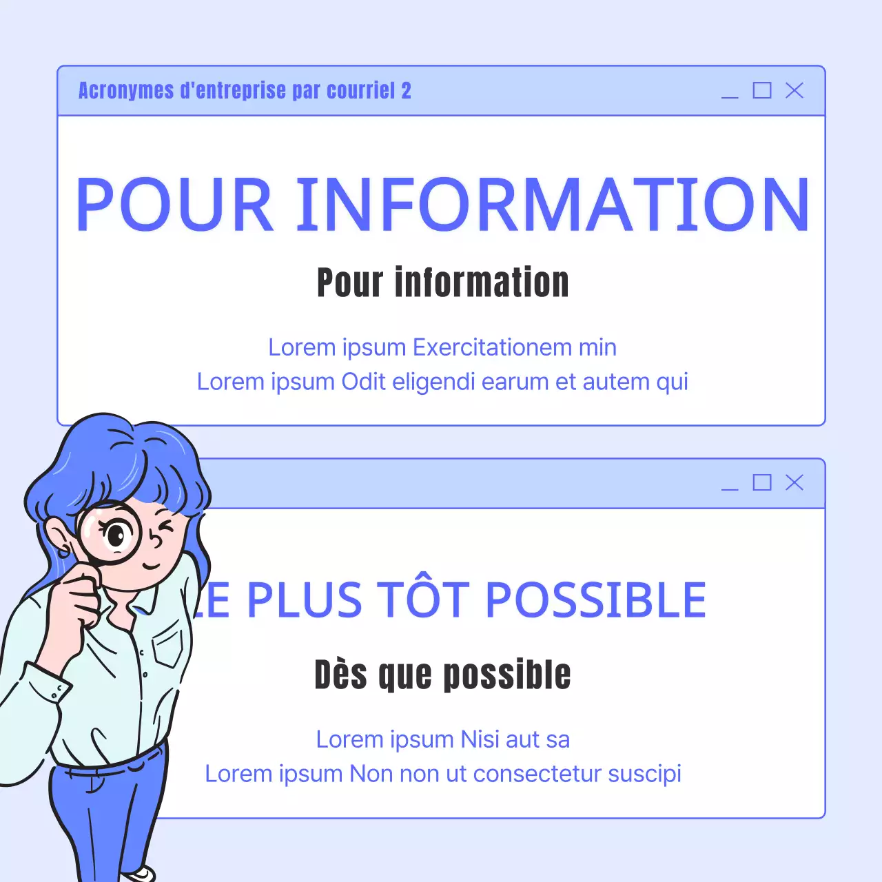 Un guide simple, bleu et bleu clair, des acronymes de l'email professionnel