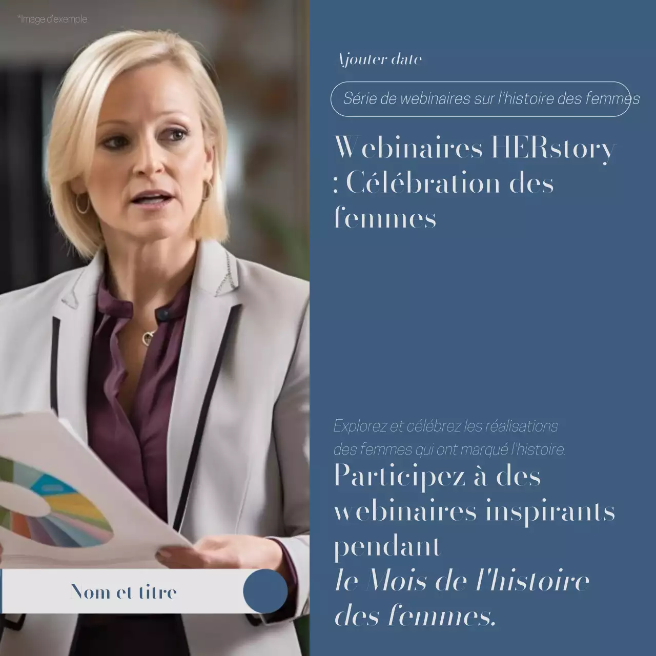 Publicité pour le séminaire de la Journée de la femme en bleu et blanc