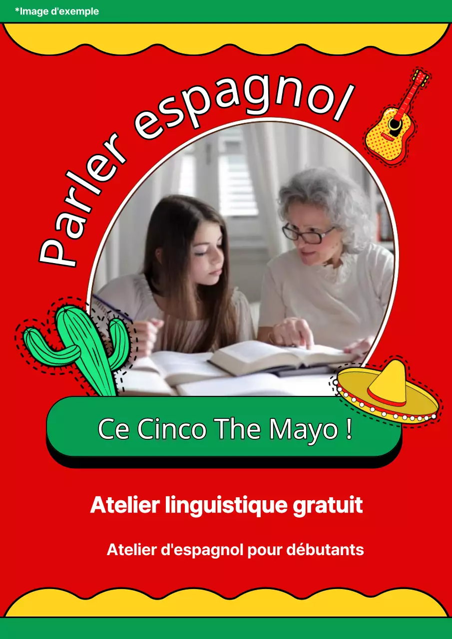 Publicité pour la leçon d'espagnol Kitsch rouge et jaune