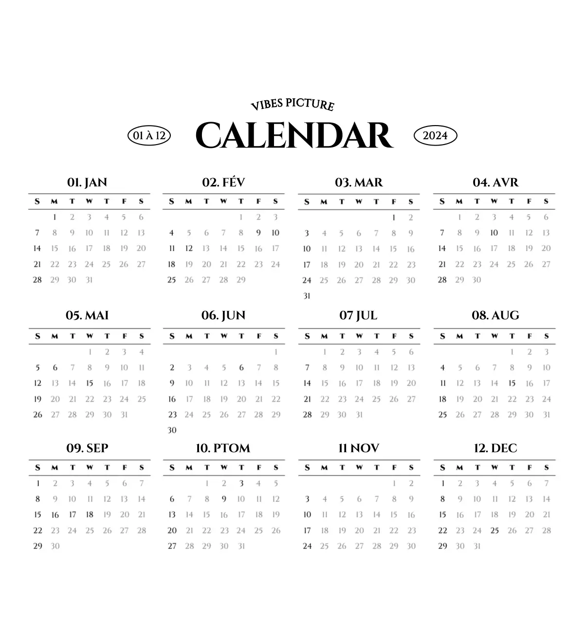 Calendrier mural de style simple avec concept de photographie de voyage émotionnelle en noir et blanc