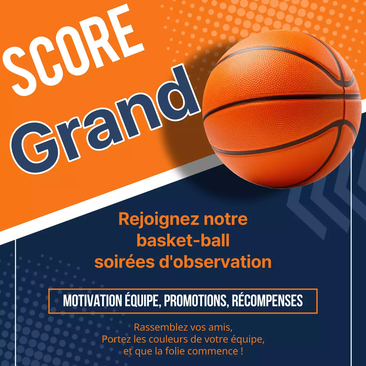 Publicité pour une fête géométrique orange et marine de type "marching madness".