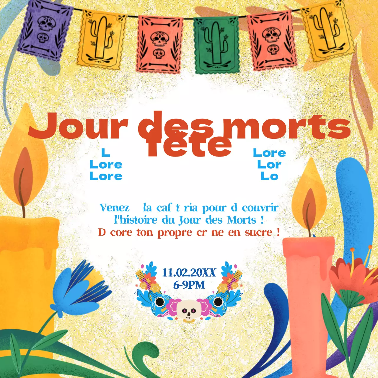 Avis de fête kitsch jaune et rouge pour le Jour des Morts