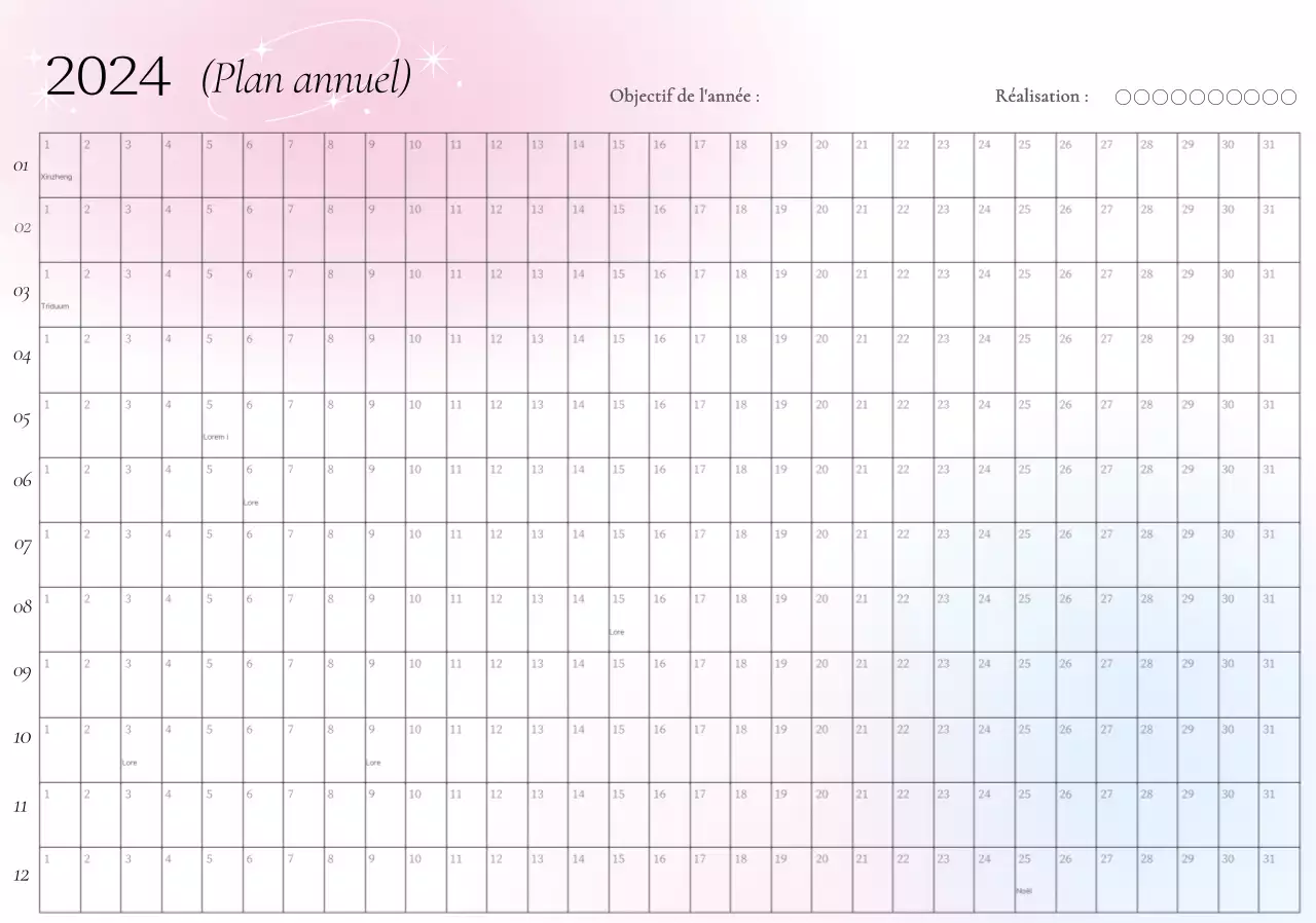 Calendrier annuel avec dégradé rose