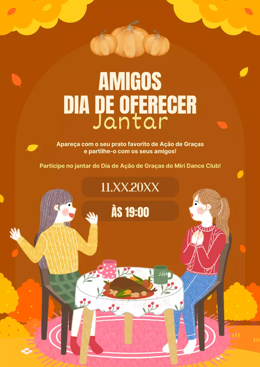 Convite para o Dia de Ação de Amigos laranja e castanho