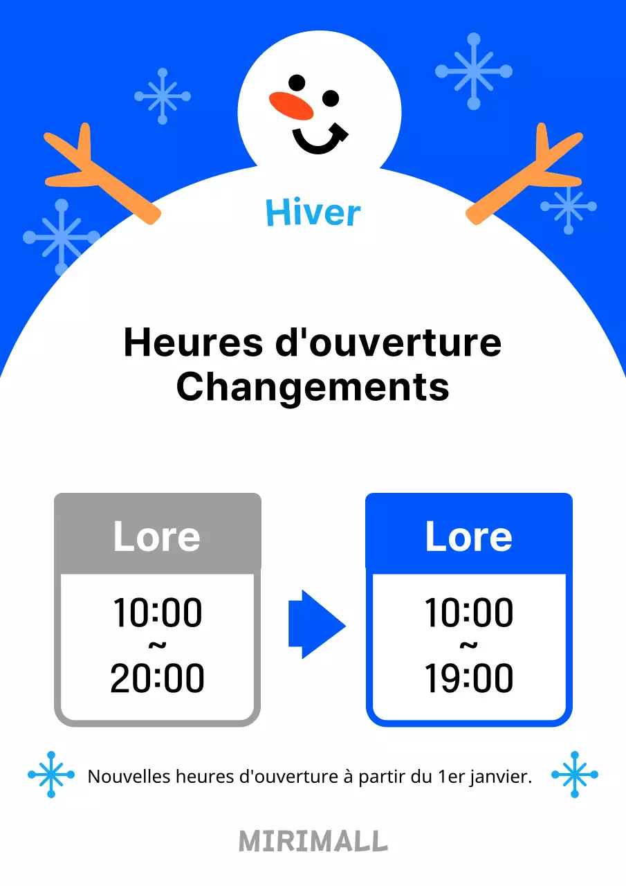 Une affiche kitsch bleue et blanche pour le changement des heures d'ouverture