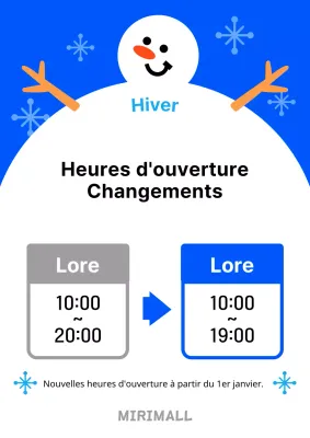 Une affiche kitsch bleue et blanche pour le changement des heures d'ouverture