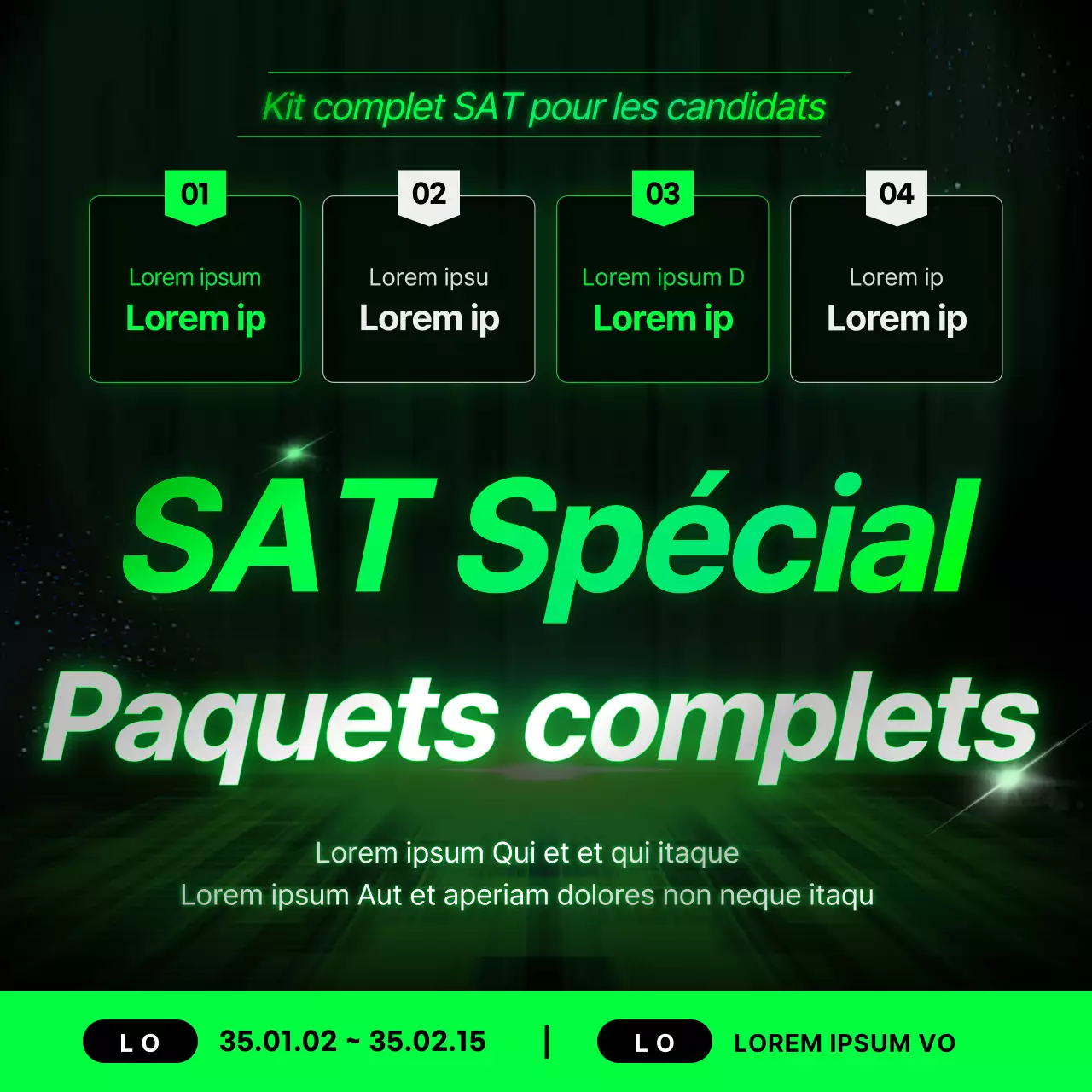Promotion d'une école secondaire préparant au SAT, en couleurs fluo et dans un style cybernétique.