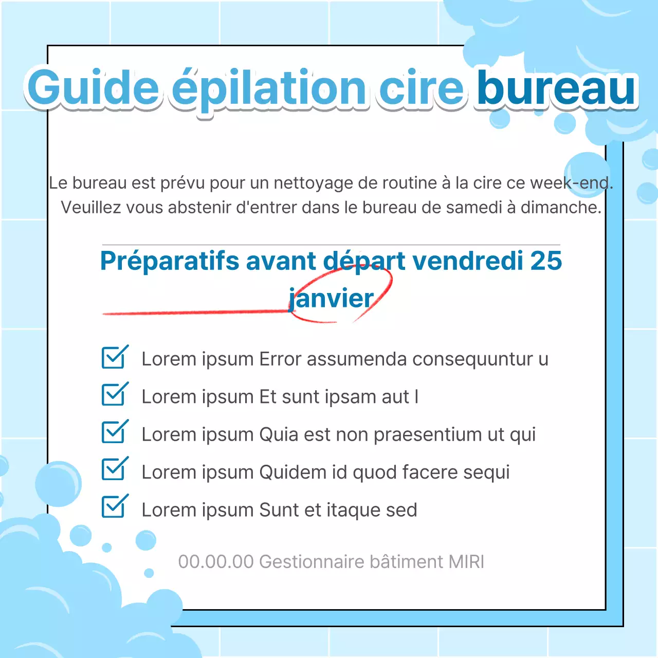 Annonce simple de nettoyage de cire de bureau en bleu clair et blanc
