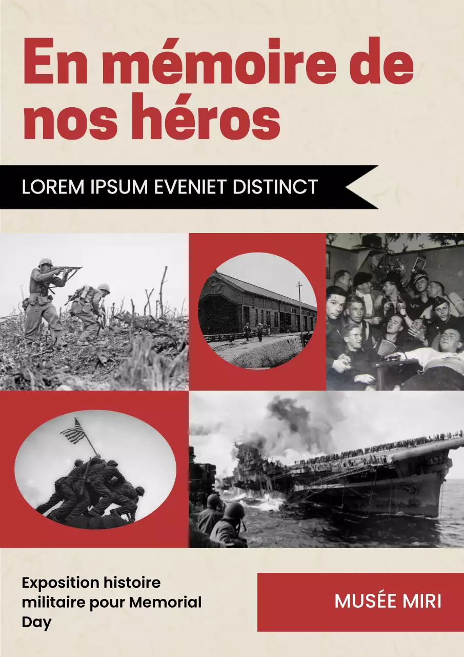 Publicité géométrique rouge et beige pour l'exposition du jour du Souvenir